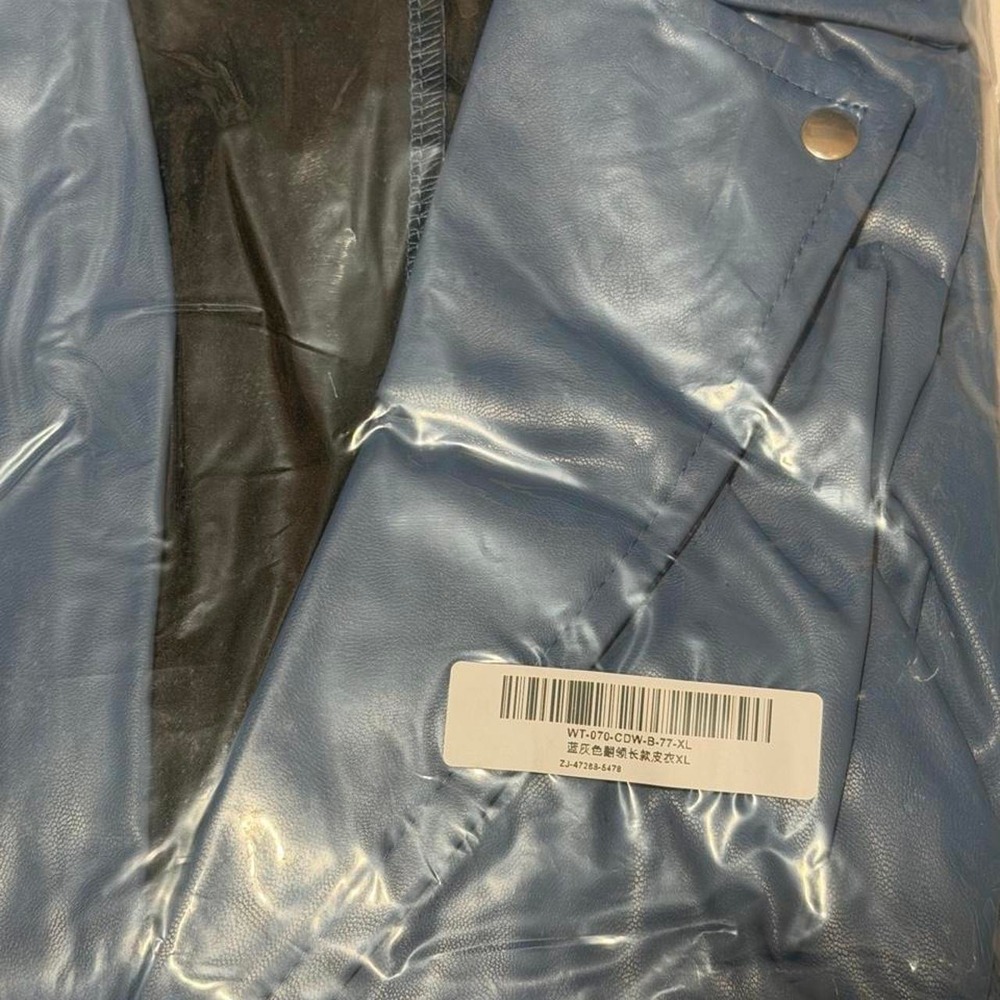 Womens Blue Faux Leather Trench Coat Longline Jacket Navy XL NEW